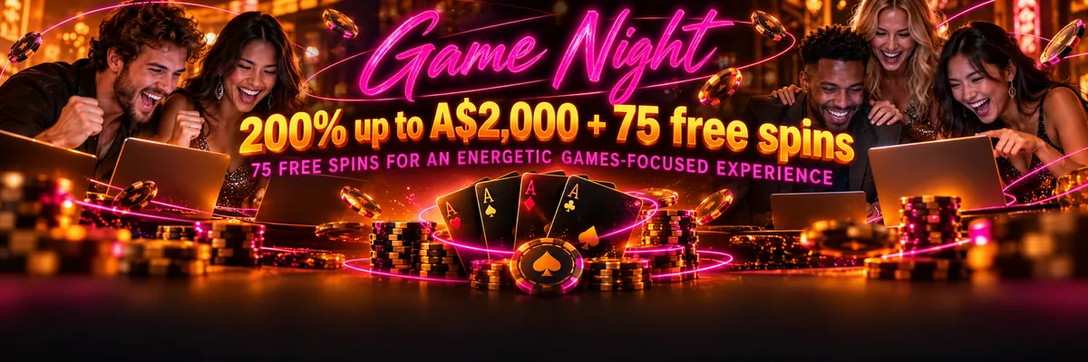 Overhead casino game scene with diverse people, playing cards, stacked chips, laptops and luminous circular orbit lines