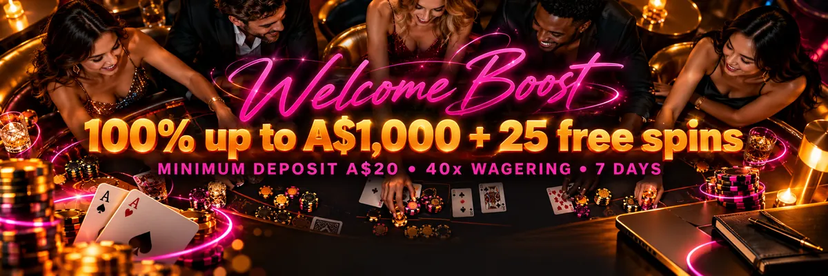 Diverse friends gathered around a glowing casino table with cards, stacked chips, a laptop and orange orbit lines
